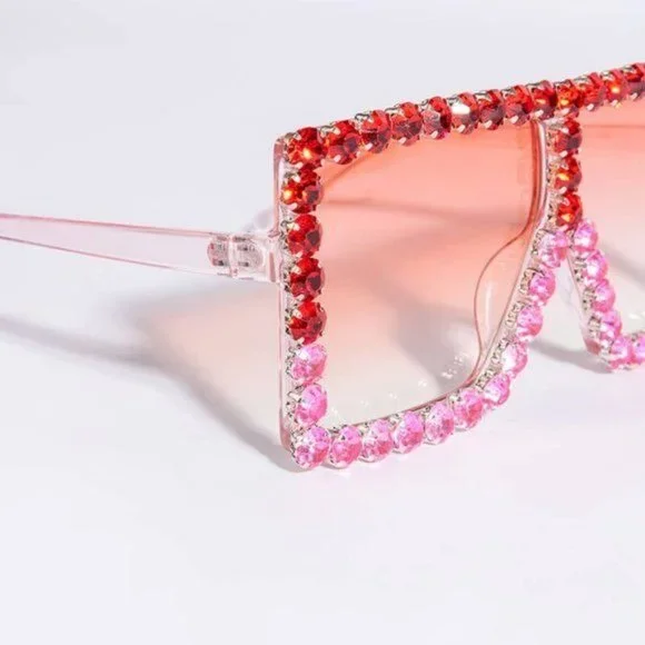 Stasia Sweet Valentine Rose Red Pink Ombre Oversized Rhinestone Sunnies - Picture 3 of 3